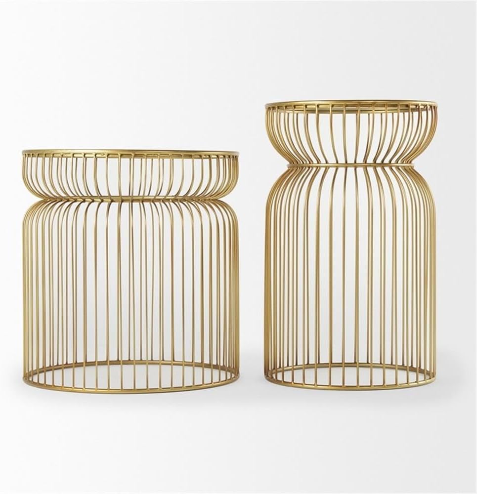 Pemberly Row Set of 2 Round Metal Accent Tables, Gold Cage-Like Base, Tempere...