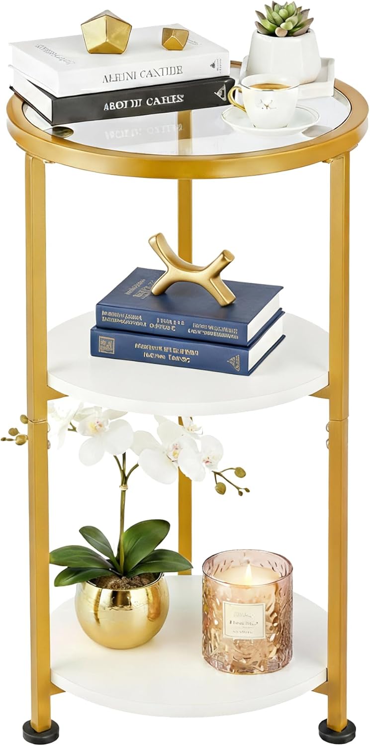 Glass Side Table, Tempered Glass Small Round Side Table with 3-Tier Storage S...