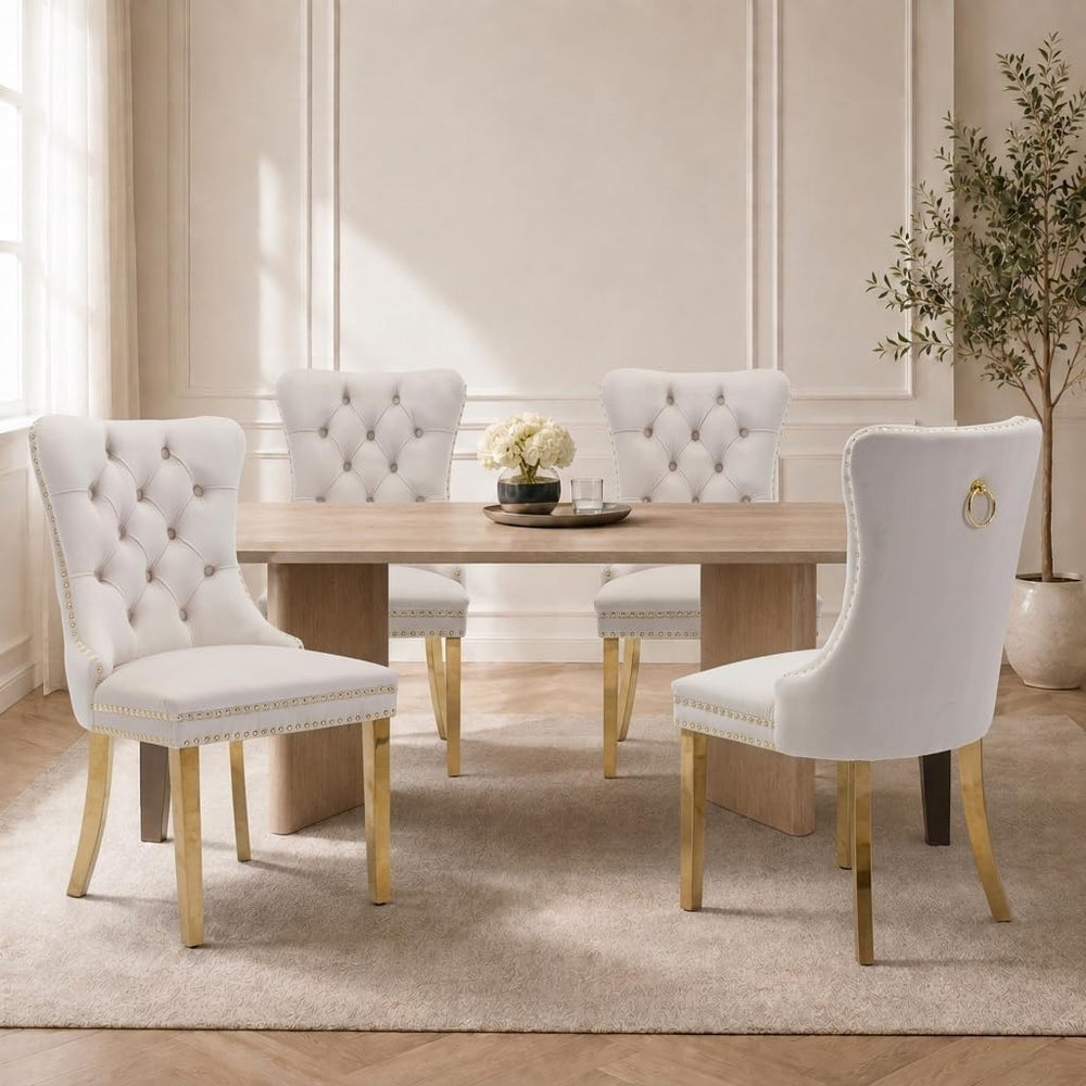 Mid Century Modern Dining Chairs Set of 4, Beige Velvet Upholstered Tufted Ba...