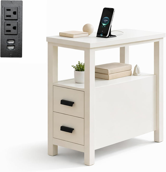 End Table with Charging Station, Nightstand with USB Ports & Outlets, Wood Side Table with 2 Drawers & Storage Shelf for Bedroom,Walnut (White)