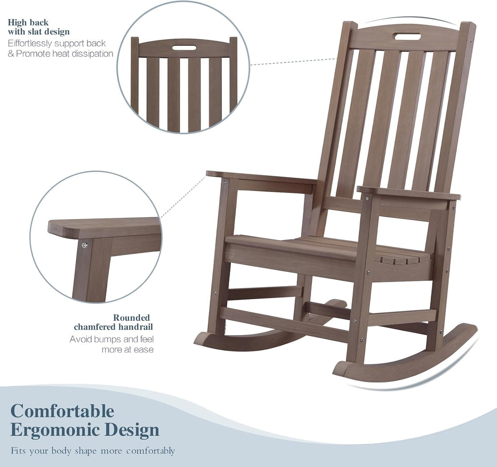 Outdoor Rocking Chairs Set of 2, Oversized Porch Rocker (Brown) | Weather Resistant Rocking Chairs with High Back, Heavy-Duty Large Patio Rocker with 350lbs Weight Capacity for Adult