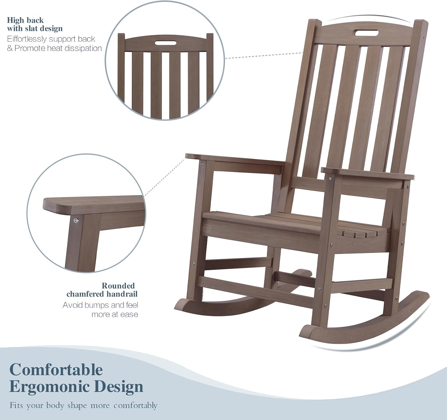 Outdoor Rocking Chairs Set of 2, Oversized Porch Rocker (Brown) | Weather Resistant Rocking Chairs with High Back, Heavy-Duty Large Patio Rocker with 350lbs Weight Capacity for Adult