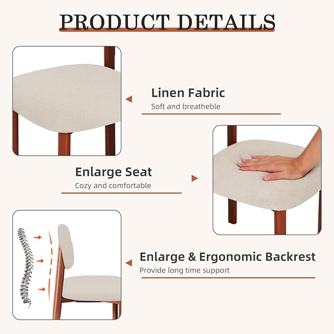 Modern Dining Room Chairs Set of 2 Upholstered Kitchen & Dining Chairs with Metal Legs for Dining Room Kitchen Living Room, Beige/Walnut Linen