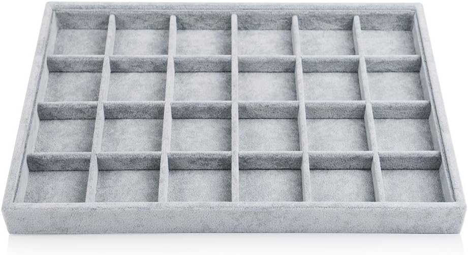 Oirlv 24 Grid Ice Velvet Jewelry Drawer Organizer Tray Stackable Jewelry Trays Removable Dividers for Rings Earring Storage Display
