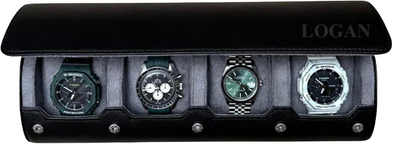 DailyWatch | Personalized Watch Roll Travel Case For 4 Watches - Handmade Genuine Leather Travel Case With Custom Engraving of Name or Initials - Black Grey