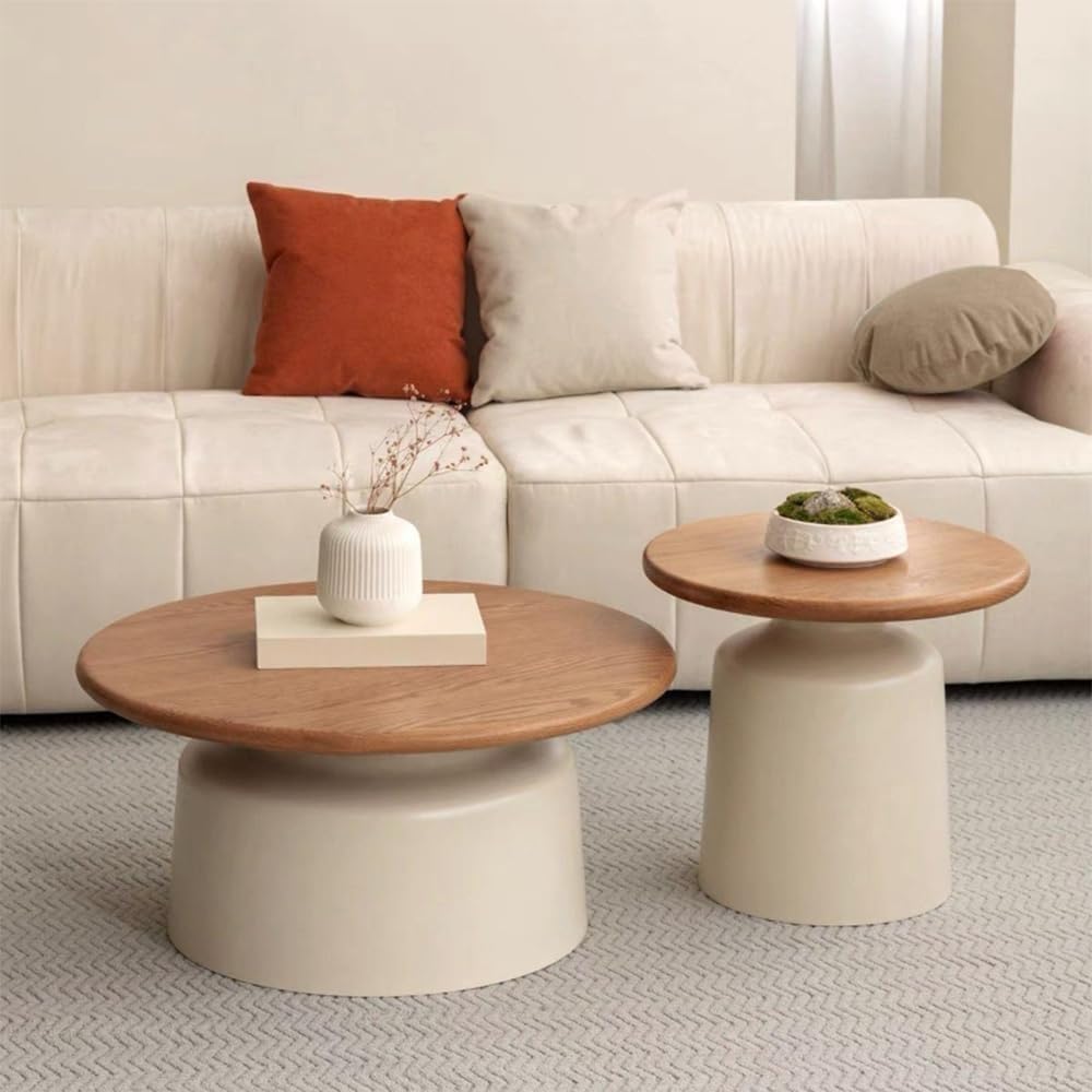 Modern Nesting Coffee Table Set Circular Wood Grain Top & Carbon Steel Ba...
