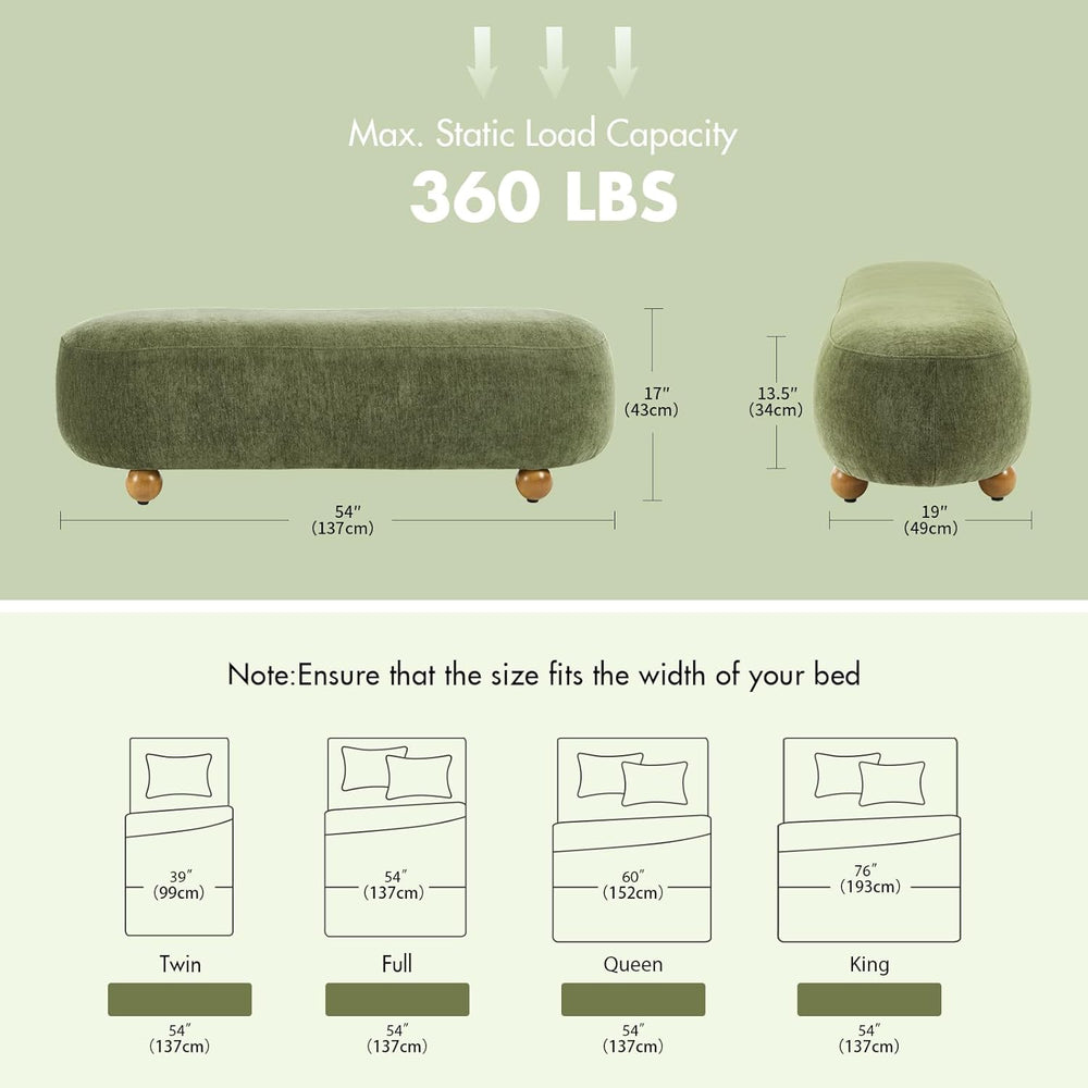 Hyfirm 54" Green Chenille Upholstered Bench – End of Bed Ottoman with Ro...
