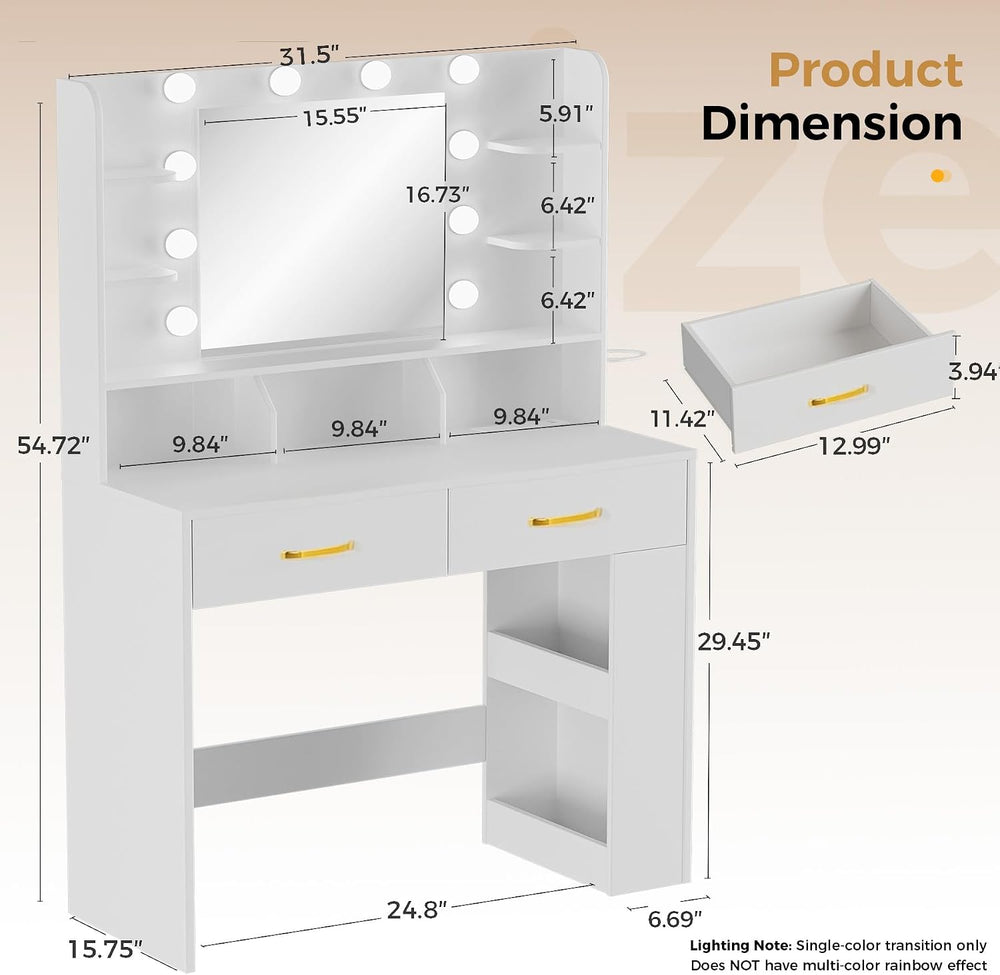 LUCKRACER Vanity Desk with LED Lights Mirror & Charging Station, Makeup V...
