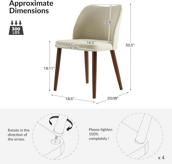 Dining Chairs Set of 2, Upholstered Kitchen Dining Room Chair Set Morden Accent Side Dinner Chair with Curved Padded Back Wood Legs for Restaurant/Cafe, Ivory