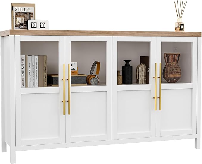 GarveeHome Sideboard Buffet Cabinet with 4 Glass Doors, 55" Buffet Table Coffee Bar Wine Bar Display Cabinet for Kitchen Dining Room, Living Room (White, Glass with 4 Doors)