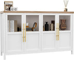GarveeHome Sideboard Buffet Cabinet with 4 Glass Doors, 55" Buffet Table Coffee Bar Wine Bar Display Cabinet for Kitchen Dining Room, Living Room (White, Glass with 4 Doors)