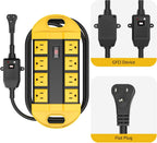 CCCEI GFCI Outdoor Power Strip Weatherproof with 8 AC, Waterproof Extension Cord with Multiple Outlets, Wall Mount Surge Protector Flat Plug, Christmas Exterior Garden, Yard, 15FT, Yellow.