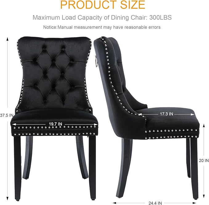 Velvet Dining Chairs Set of 2, Tufted Upholstered Dining Room Chairs with Back Ring Pull, Nailhead Trim and Solid Wood Legs, Modern Dining Chairs for Dining Room, Kitchen(Black)