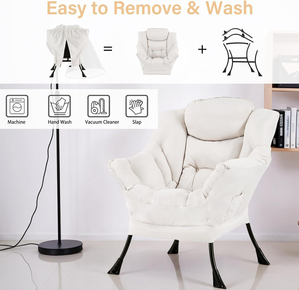 Furlide Lazy Chair with Ottoman, Soft Comfy Chair for Bedroom, Beige | Accent Lounge Chair with folding Foot Stool, Removable Washable Cover and Side Pocket for Reading, Relaxing in Living Room