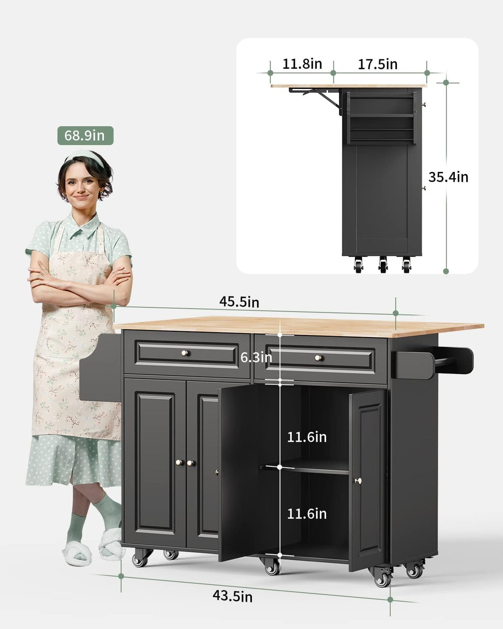 Kitchen Island with Storage, Kitchen Cart on 5 Universal Wheels, Mobile Kitchen Island with Rubber Wood Top and Side Rack (Black)