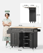 Kitchen Island with Storage, Kitchen Cart on 5 Universal Wheels, Mobile Kitchen Island with Rubber Wood Top and Side Rack (Black)