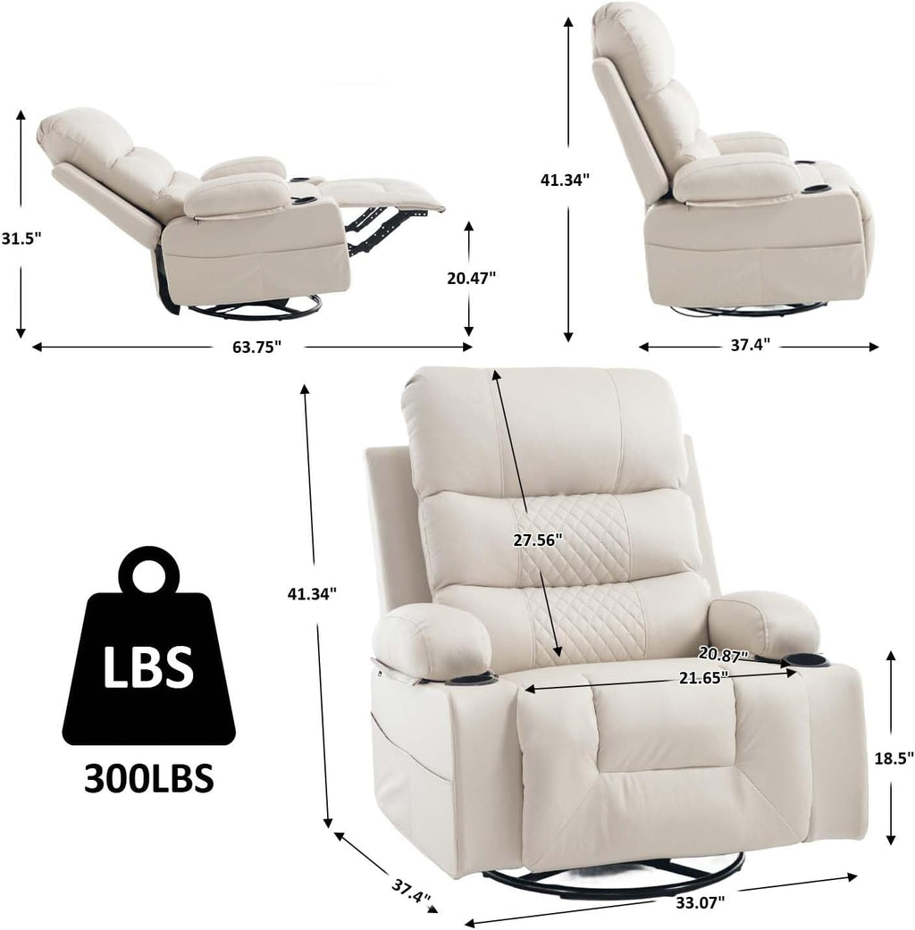 KCQ Power Swivel Rocker Recliner with Massage and Heat USB Port, Overstuffed Faux Leather Electric Rocking Recliner Chair Swivel Glider Chairs for Nursery, Cream Beige