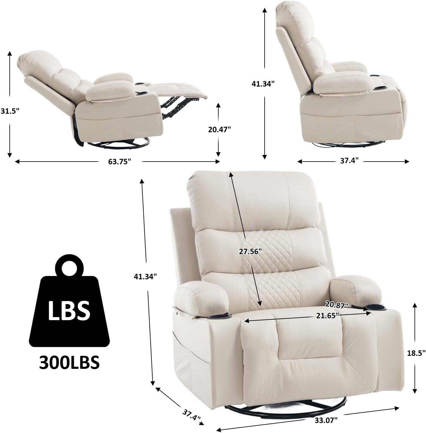 KCQ Power Swivel Rocker Recliner with Massage and Heat USB Port, Overstuffed Faux Leather Electric Rocking Recliner Chair Swivel Glider Chairs for Nursery, Cream Beige