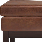 SIMPLIHOME Carlson Ottoman Bench Solid Pine Wood Frame with Faux Leather Upholstery for Living Room, Bedroom, Entryway, 26.4 x 15 x 17.5 inches, Distressed Saddle Brown