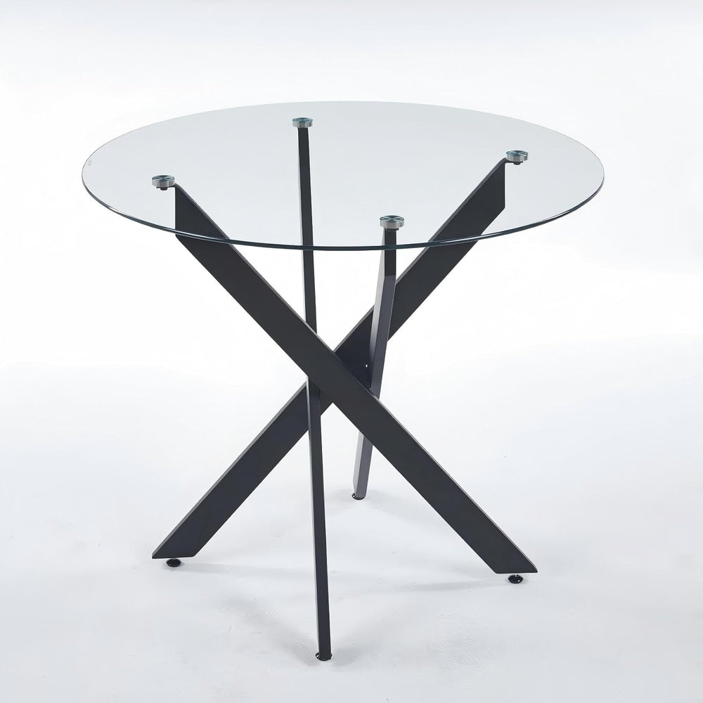 35.4" Round Glass Dining Table with Cross Metal Legs, Modern Small Kitch...