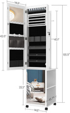 Hzuaneri 8 LEDs Jewelry Cabinet Armoire, 66.9-inch Jewelry Organizer | Lockable Full-length Mirror with Garment Rack & 4 Wheels, Storage Shelves with Hooks, 5-in-1, White and Beige JC17003B