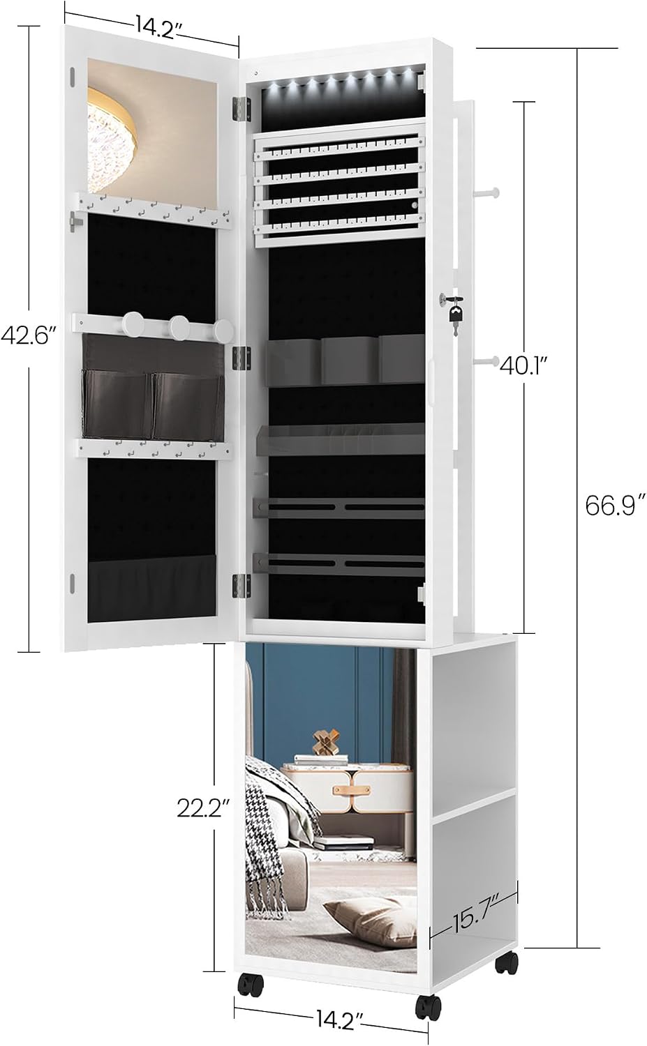 Hzuaneri 8 LEDs Jewelry Cabinet Armoire, 66.9-inch Jewelry Organizer | Lockable Full-length Mirror with Garment Rack & 4 Wheels, Storage Shelves with Hooks, 5-in-1, White and Beige JC17003B
