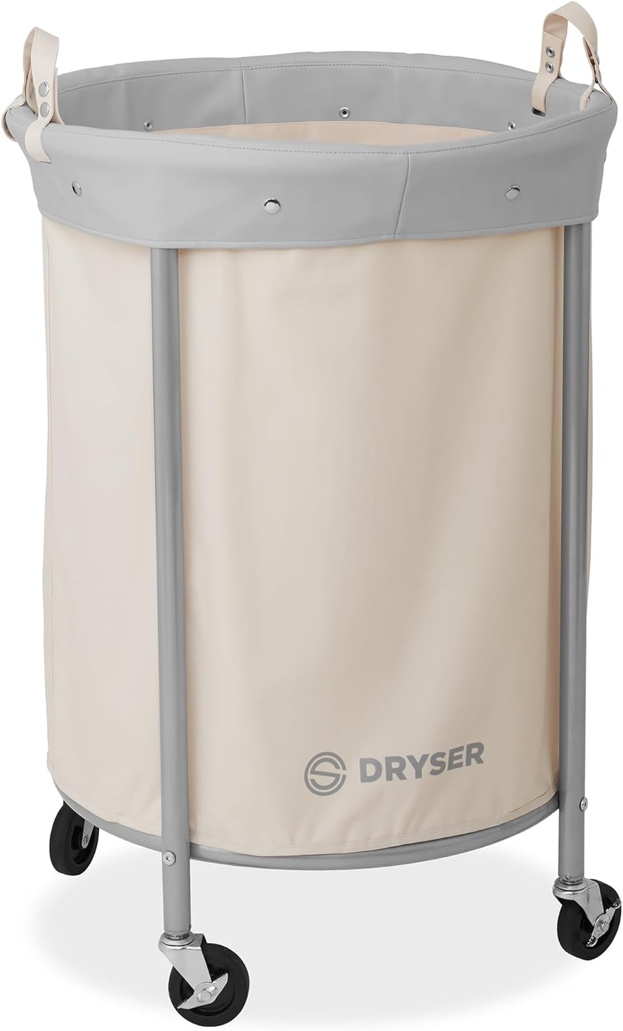 Dryser Laundry Basket with Wheels, 65 Gal. Commercial Round Rolling Laundry Hamper with Steel Cart, 4 Casters and 2 Brakes, Removable Liner - White