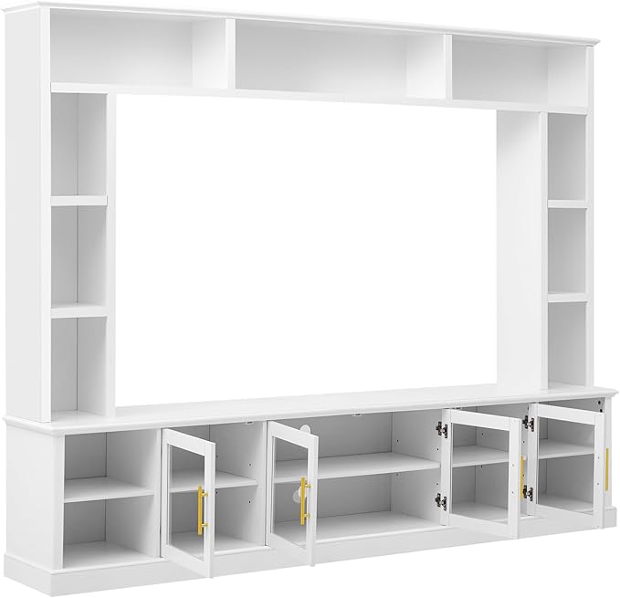 Merax 95" Entertainment Center for TVs up to 80", All-in-One TV Stand with Bookshelves & Storage Cabinets & Tempered Glass Doors & Adjustable Shelves, Modern Living Room Wall Unit Media Console, White