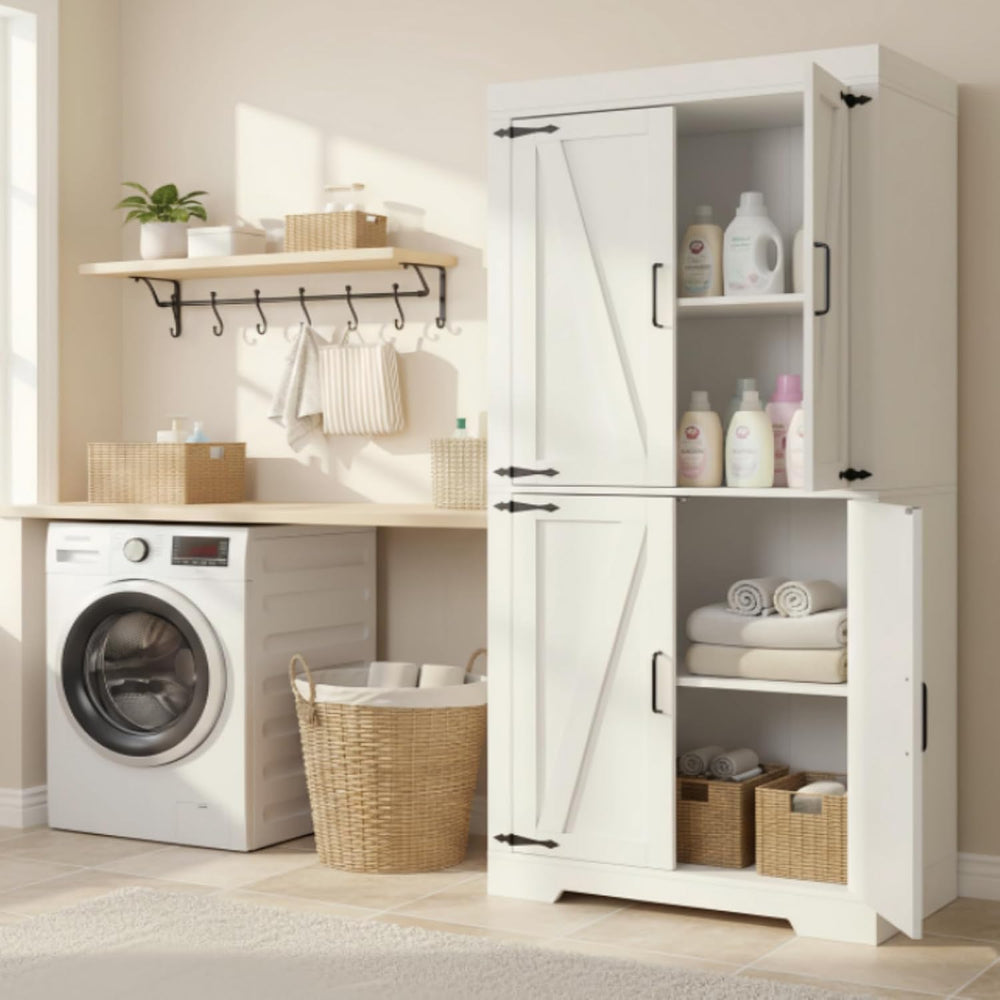 Homy Casa Farmhouse Kitchen Pantry Storage Cabinet, White Barn Door, 4-Door a...