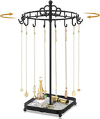 MODOWEY Rotating Metal Necklace Holder Organizer Stand with Acrylic Tray, 18 Hooks Small Jewelry Display Tree for Pendant Bracelet Storage, Compact Chain Hanger Rack for Women Men Space Saving, Black