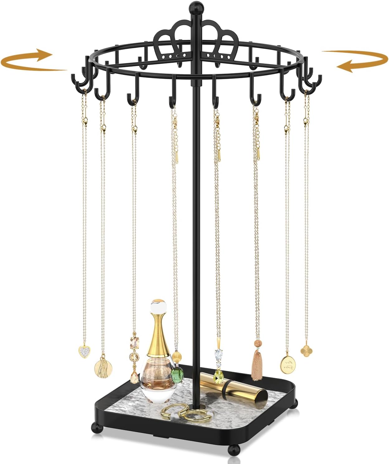 MODOWEY Rotating Metal Necklace Holder Organizer Stand with Acrylic Tray, 18 Hooks Small Jewelry Display Tree for Pendant Bracelet Storage, Compact Chain Hanger Rack for Women Men Space Saving, Black