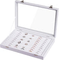 Frebeauty Rings/Earrings Organizer Tray with Clear Lid 10 Slots Velvet Drawer Insert Jewelry Storage box Transparent Glass lid Jewelry Display Case Showcase Gift for Girls Women (White, 10 Slots)