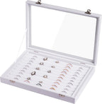 Frebeauty Rings/Earrings Organizer Tray with Clear Lid 10 Slots Velvet Drawer Insert Jewelry Storage box Transparent Glass lid Jewelry Display Case Showcase Gift for Girls Women (White, 10 Slots)