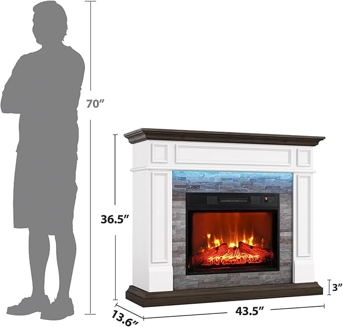 44" Electric Fireplace Mantel, LED Farmhouse TV Stand with Electric Fireplace Heater, Stacked Stone Surround and Remote Control 3D Realistic Flame, White Fireplace for Living Room Bedroom