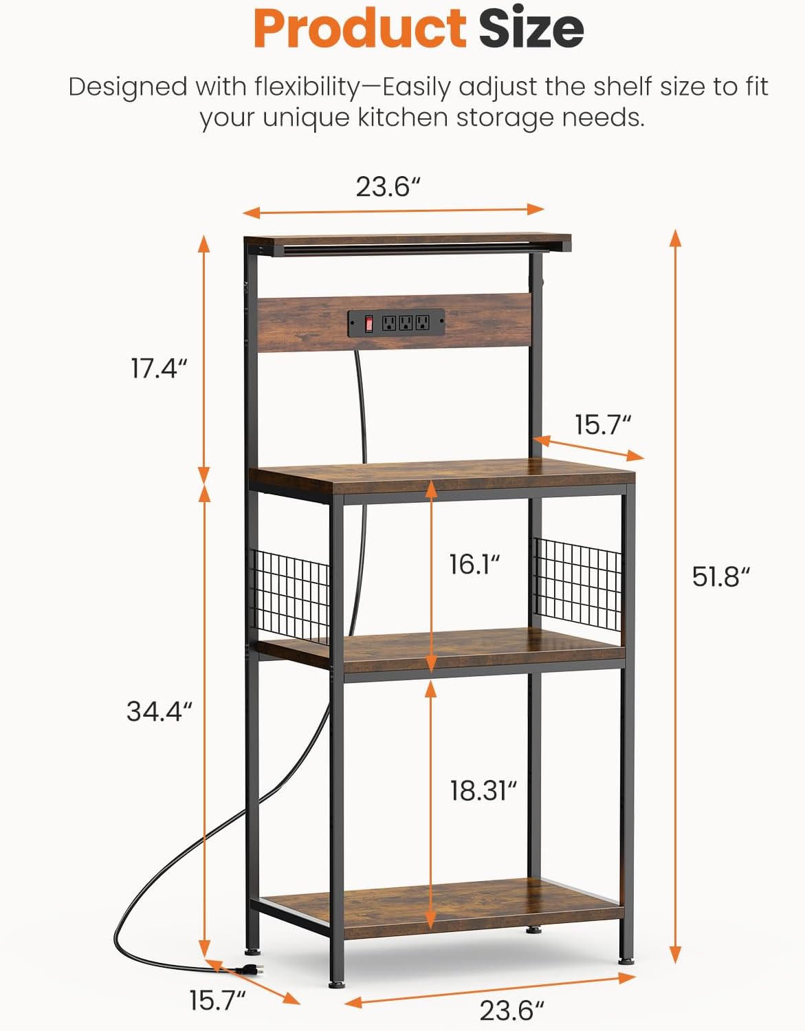 Sweetcrispy 23.6'' Small Bakers Rack with Power Outlet for Kitchen Storage | Microwave Stand with Adjustable Shelf for Coffee Bar Station, Small Apartment, Counter Space Saving, Rustic Brown