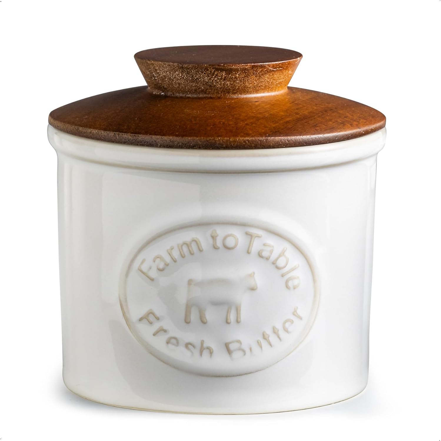 Ceramic Butter Dish With Lid, Butter Crock for Countertop, French Butter Keeper Holder for Spreadable Butter, Cream White