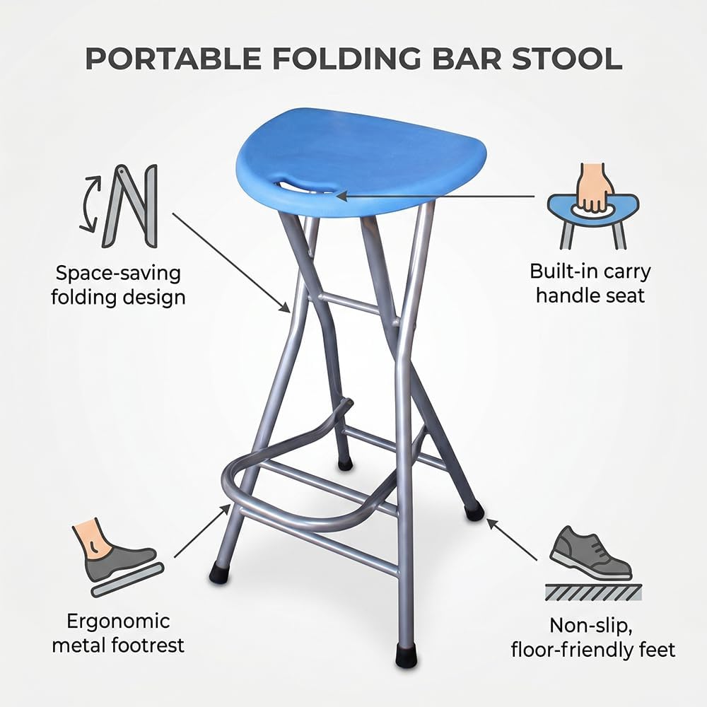 Blue Adult Folding Stool, with Handle and Foldable bar Stool, 28 inches in Si...