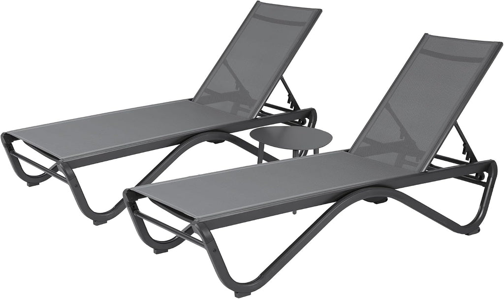 Kozyard 3-Piece Outdoor Chaise Lounge Chair Set, All Aluminum Frame | Textilene Fabric, Fully Flat Adjustable Reclining Patio Lounger for Poolside, Sunbathing & Backyard, Gray, 2Chairs + Table