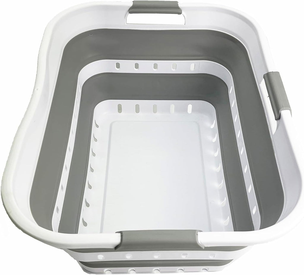 SAMMART 42L (11 gallon) Collapsible Plastic Laundry Basket - Foldable Pop Up Storage Container/Organizer - Space Saving Hamper/Basket (1, Grey/White)