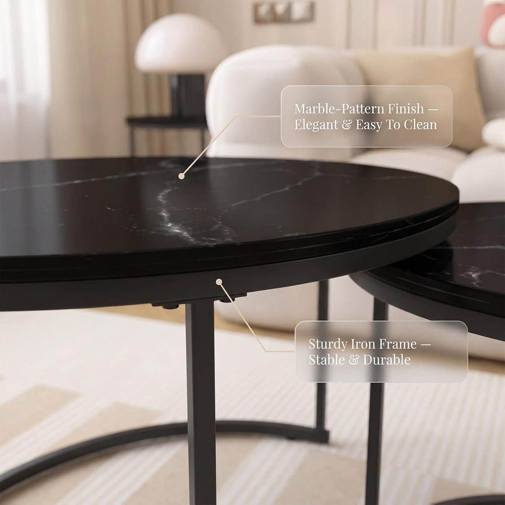 Nesting Coffee Table Set of 2 Round Side Tables, 27.6 Inch Marble Top Coffee ...