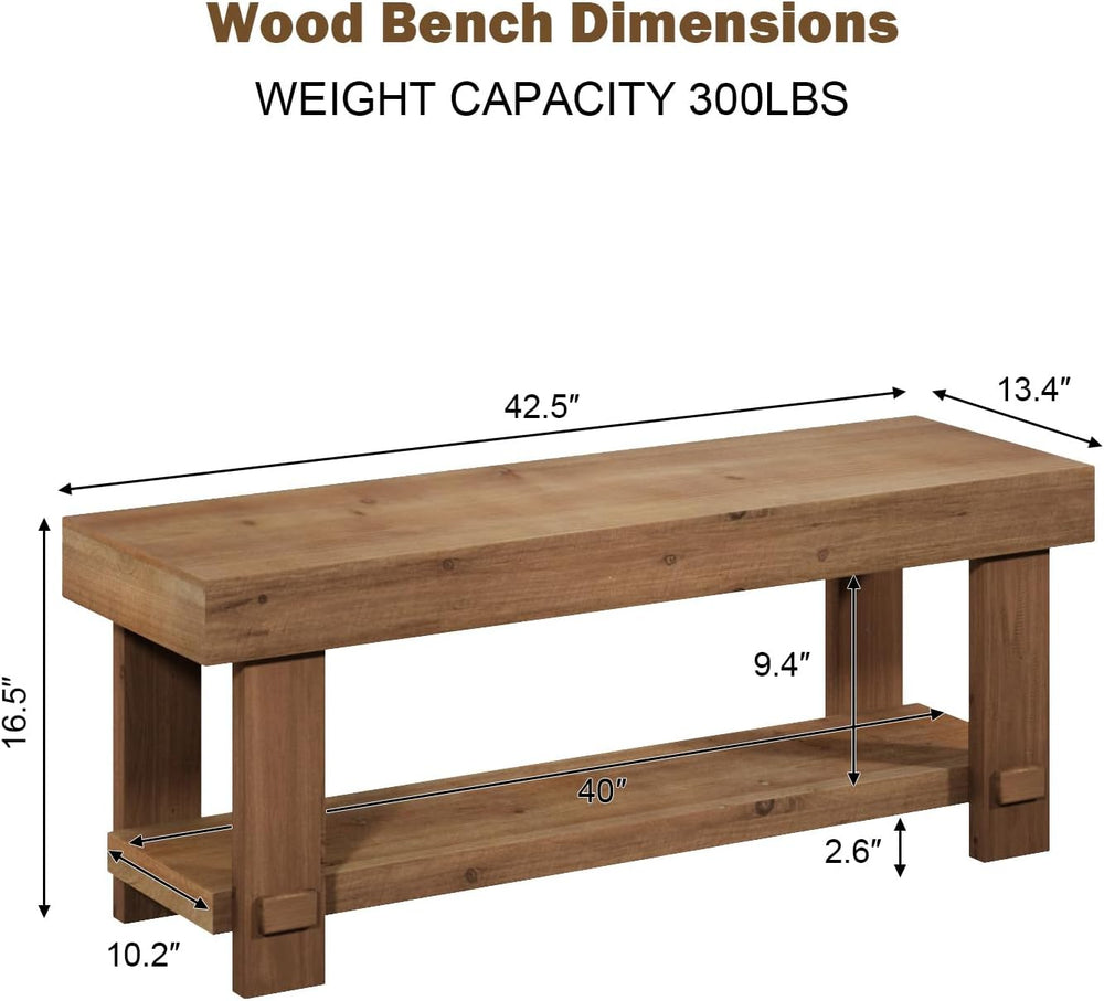 Solid Wood Bench - 42.5" Long Farmhouse Entryway Bench, Narrow End of Be...