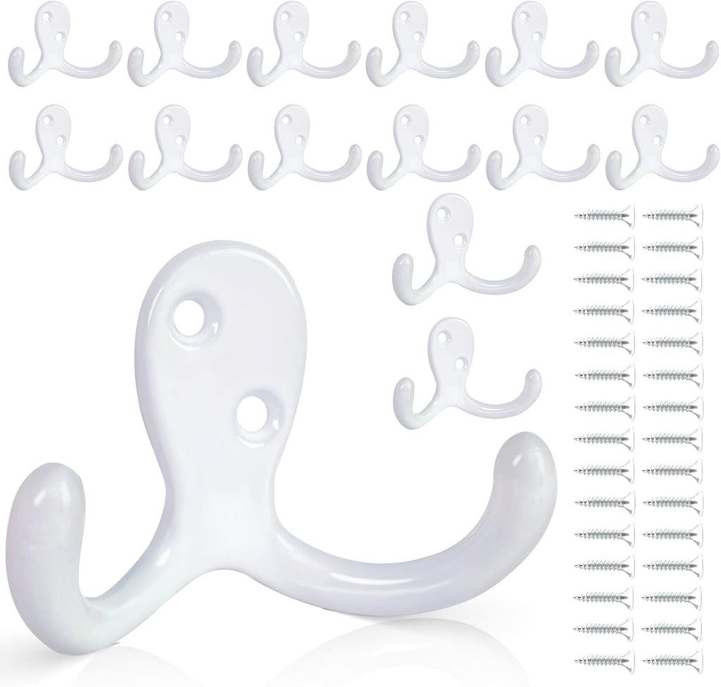 15Pack Coat Hooks Wall Hooks for Hanging, Heavy Duty Double Prong Metal Hook Wall Mounted for Living Room, Bathroom, Kitchen, Bedroom for Coat, Bag, Scarf, Towel, Hat, Key, Cup (White)