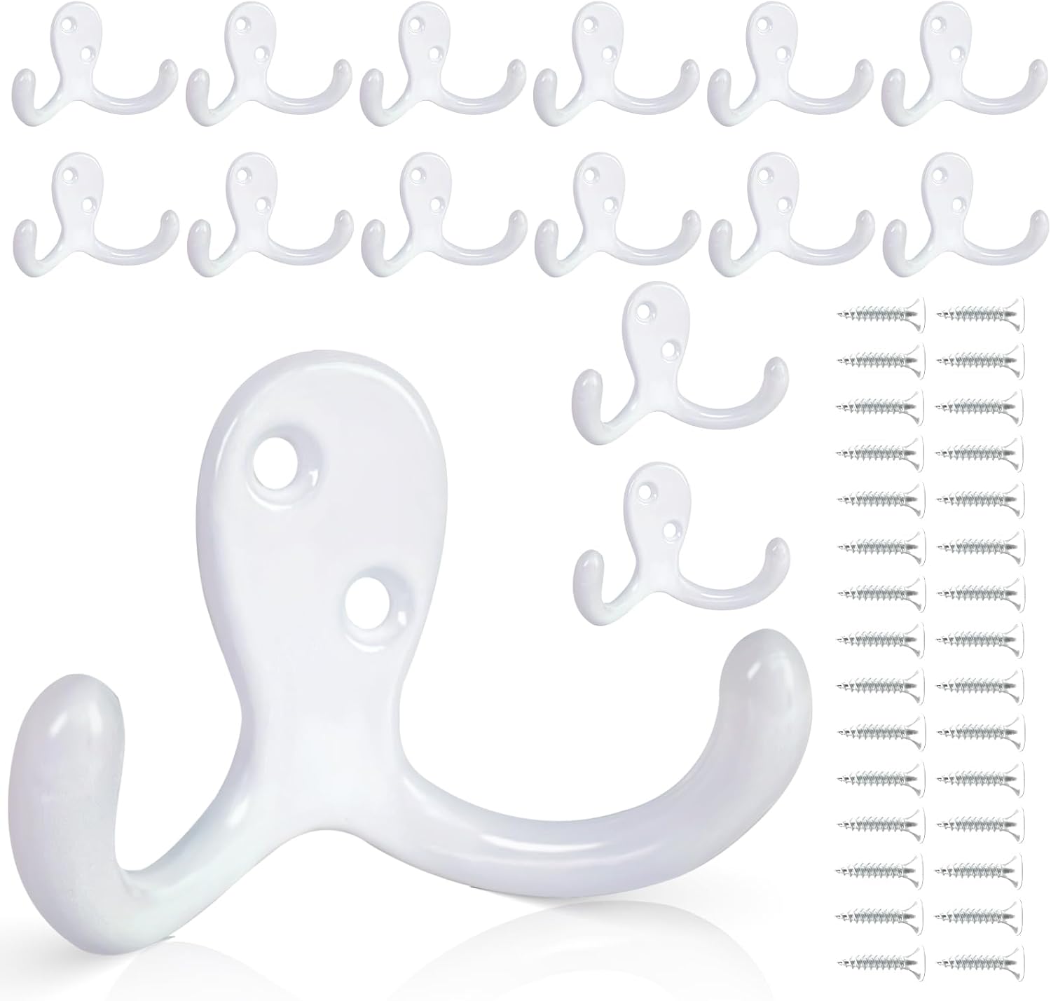 15Pack Coat Hooks Wall Hooks for Hanging, Heavy Duty Double Prong Metal Hook Wall Mounted for Living Room, Bathroom, Kitchen, Bedroom for Coat, Bag, Scarf, Towel, Hat, Key, Cup (White)