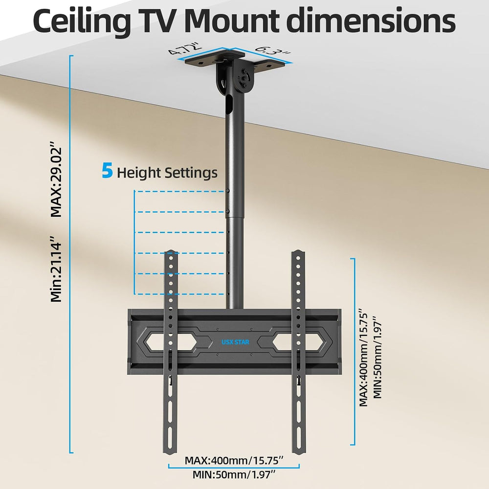 USX STAR Ceiling TV Mount for 26-65 inch TVs, 360° Swivel Full Motion Ceiling...