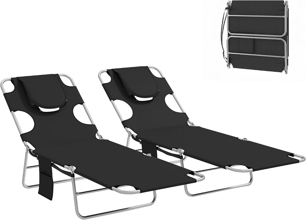 Outsunny Chaise Lounge Chair Outdoor Set of 2 with Face Arm Hole, 5-Position ...
