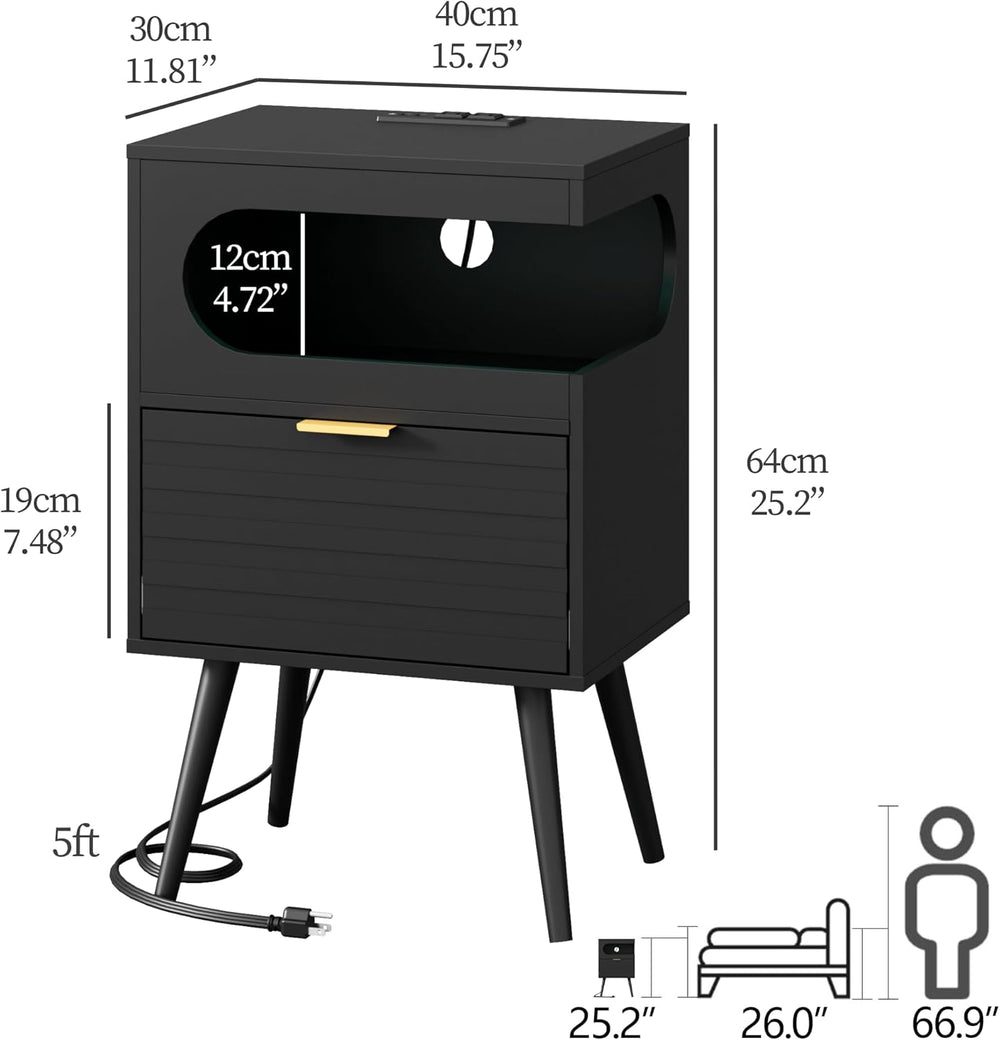 Veegle Nightstand,Modern Bedside Table with Storage Drawer and Open Wood Shel...