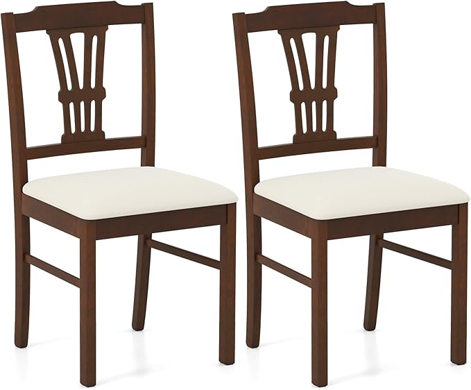 Giantex Wooden Dining Chairs Set of 2, Upholstered Kitchen Chairs with Solid Rubber Wood Frame, Hollowed Backrest & Soft Padded Seat, Armless Dining Chairs for Kitchen, Dining Room, Brown & Beige