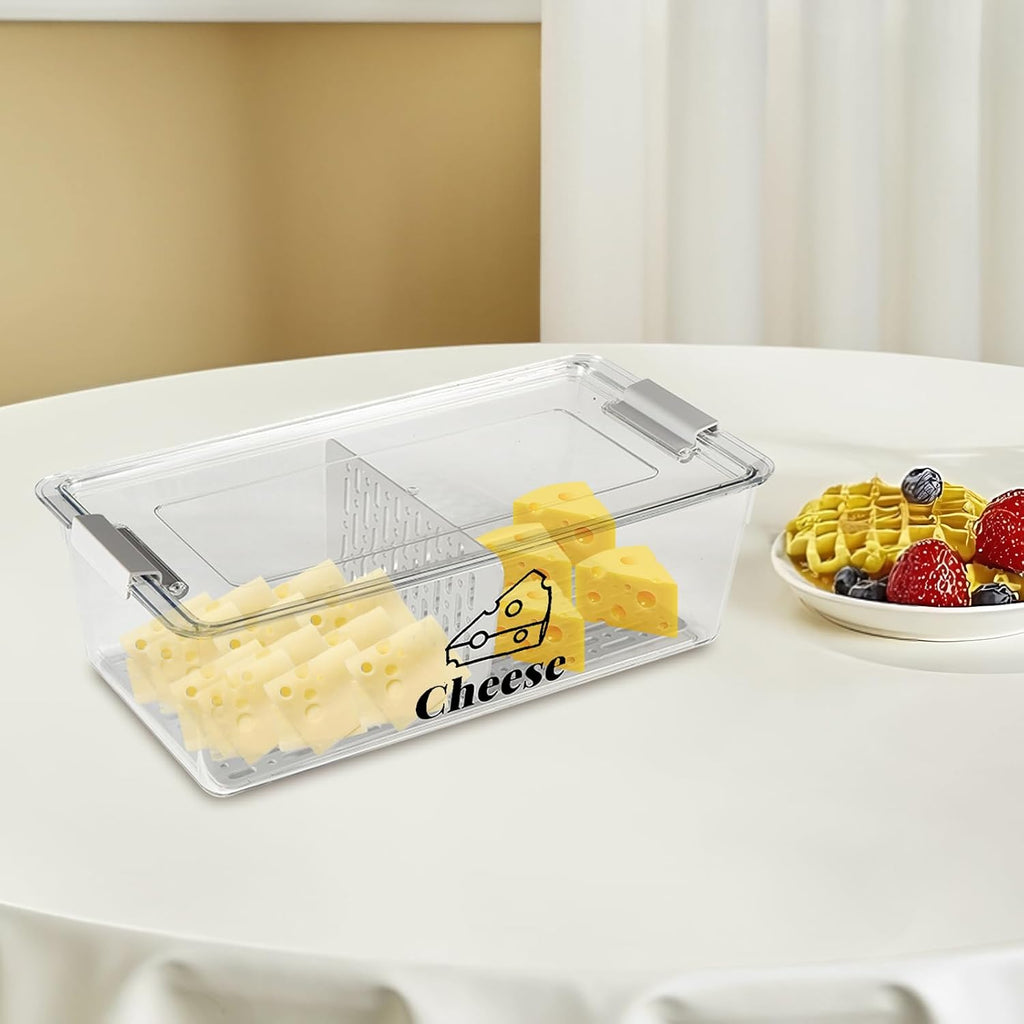 Cheese Container Airtight with Draining Basket Cream Block Cheese Sliced Cheeses Box with Lid for Fridge Shredded Saver 2 Compartment Deli Meat Storage Box,Cheeses Sliced,Grated,Cheddar Keeper