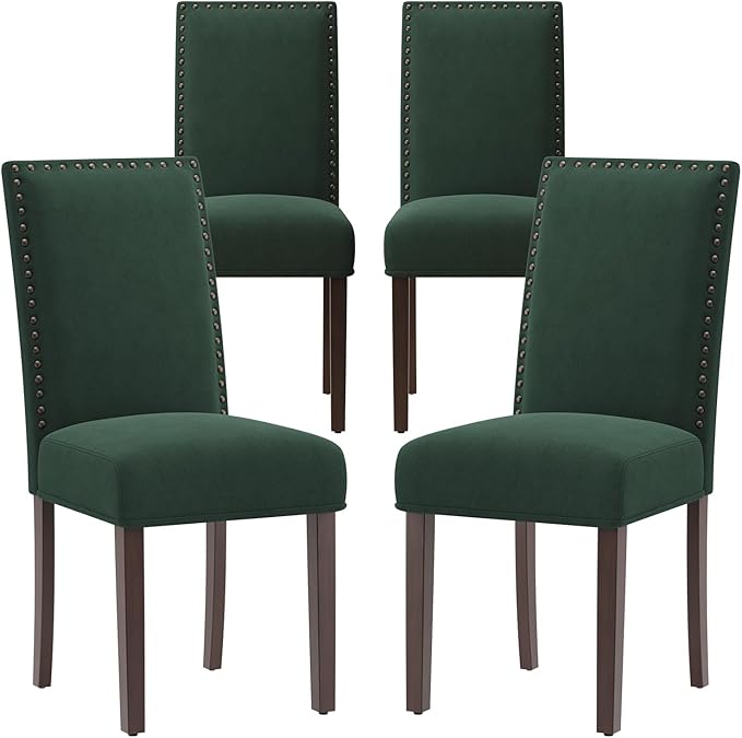 COLAMY Green Velvet Dining Chairs Set of 4 – Upholstered Kitchen & Dining Room Chairs with Nailhead Trim, Soft High-Density Cushion and Solid Wood Legs for Dining Room, Kitchen, Living Room