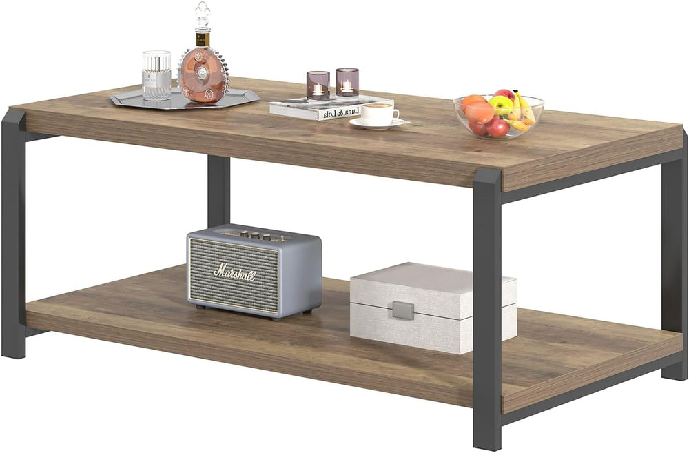 EXCEFUR Modern Coffee Table, Rustic Wood and Metal Center Table for Living Ro...